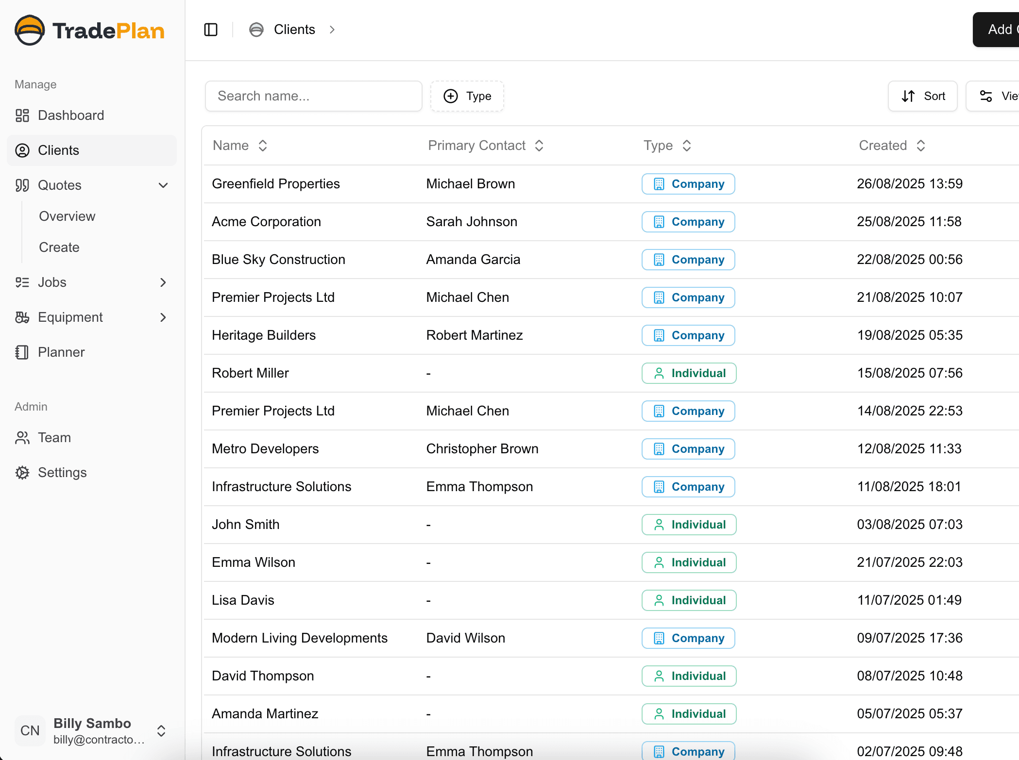 Client Management feature screenshot showing Keep all your client information organized. Track job history and manage relationships in one place.