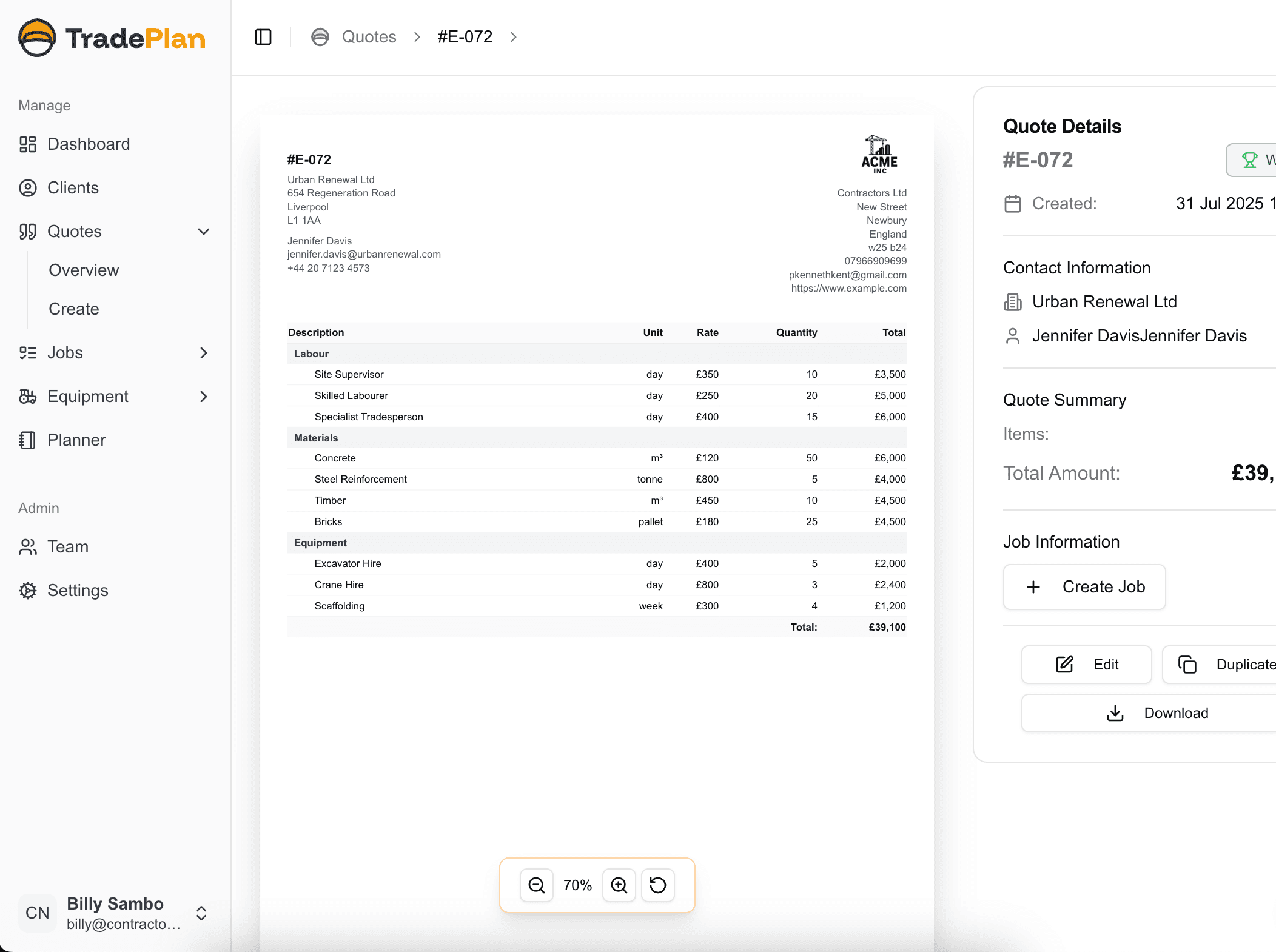 TradePlan Quotes Dashboard Screenshot